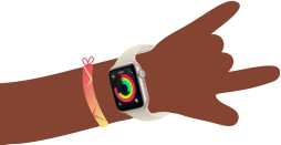 Cartoon-Illustration von zwei Kinderarmen, beide tragen eine Apple Watch SE 3, eine mit der Aktivitätsapp, die andere mit der Nachrichten App